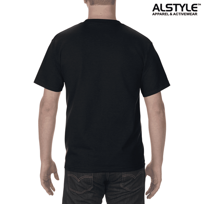 A black unisex T-shirt displayed from the back, featuring a logo on the upper left.