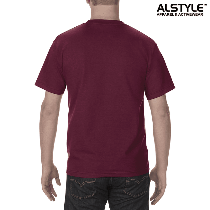 A burgundy unisex t-shirt featuring a logo, showcasing the back view of the garment.