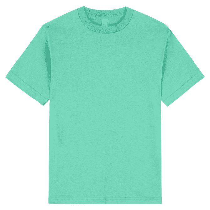A teal unisex t-shirt with a round neckline and short sleeves, featuring a logo on the inside tag.