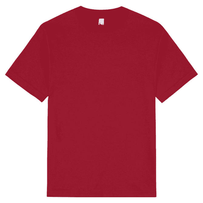 A heavyweight unisex T-shirt in deep red with a classic crew neck and short sleeves. It has a branding label inside.