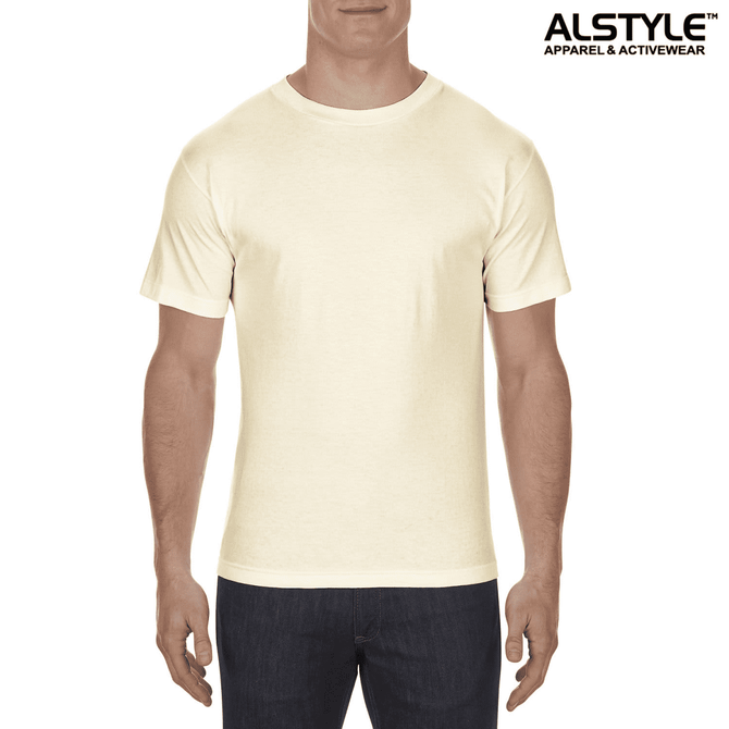 A plain cream unisex t-shirt displayed on a mannequin, featuring a logo in the upper corner.