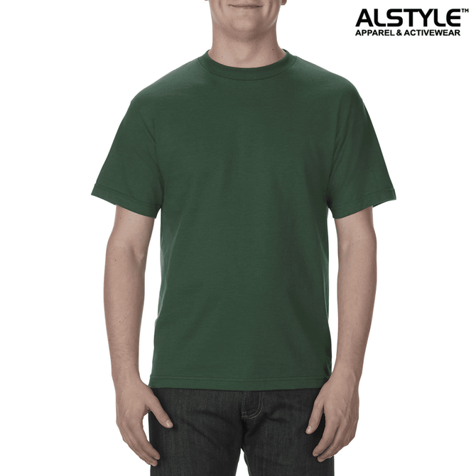 A green unisex t-shirt displayed on a model, featuring a logo on the upper right corner.