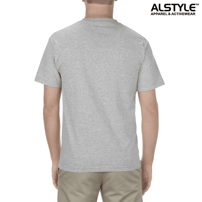 A unisex heavyweight cotton T-shirt in grey, featuring a back view with a logo on the upper right corner.