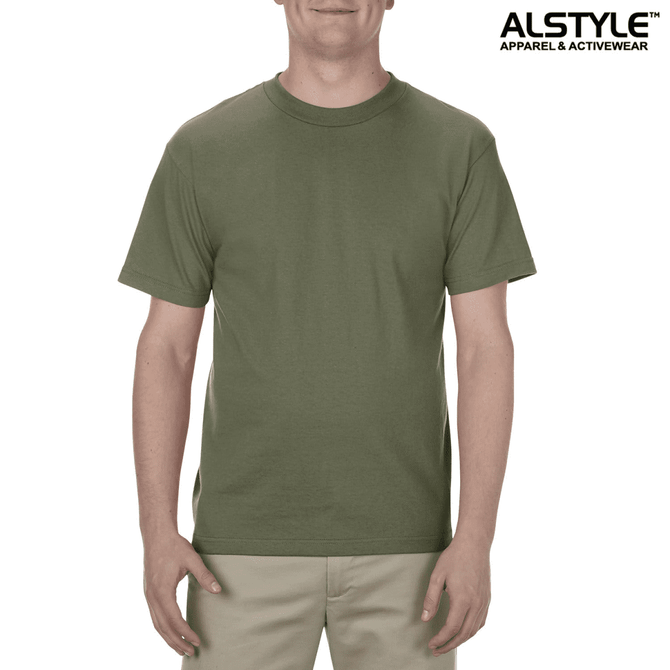 A unisex heavyweight cotton T-shirt in olive green, featuring a logo on the neckline.