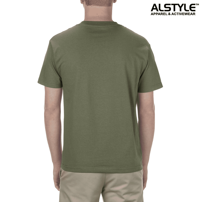 A unisex heavyweight cotton T-shirt in olive green, featuring a logo on the upper chest area.
