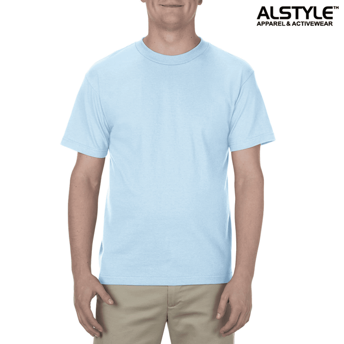 A light blue unisex T-shirt with a crew neckline, displayed on a model against a neutral background. Features branding.