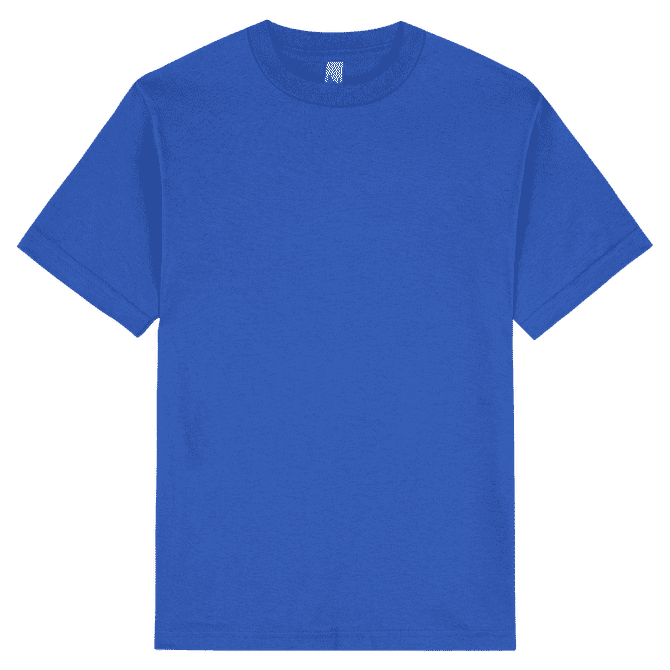 A blue heavyweight cotton unisex T-shirt featuring a classic crew neckline and short sleeves. It includes a logo.