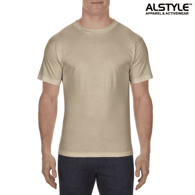 A beige unisex t-shirt displayed on a mannequin, featuring short sleeves and a logo on the upper corner.