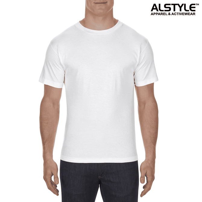 A white unisex heavyweight cotton T-shirt displayed on a mannequin, featuring short sleeves and a logo.