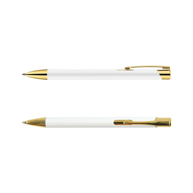 A gold-edition pen with a white barrel and gold accents, featuring a clip and a streamlined design.