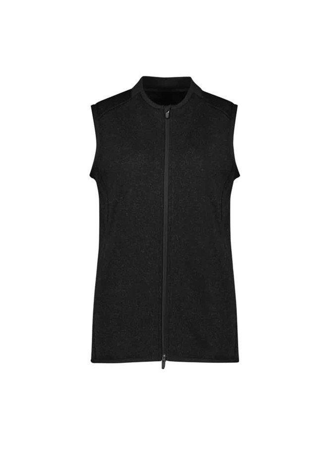A sleeveless black vest featuring a zip front and shoulder detailing, with a branding logo.