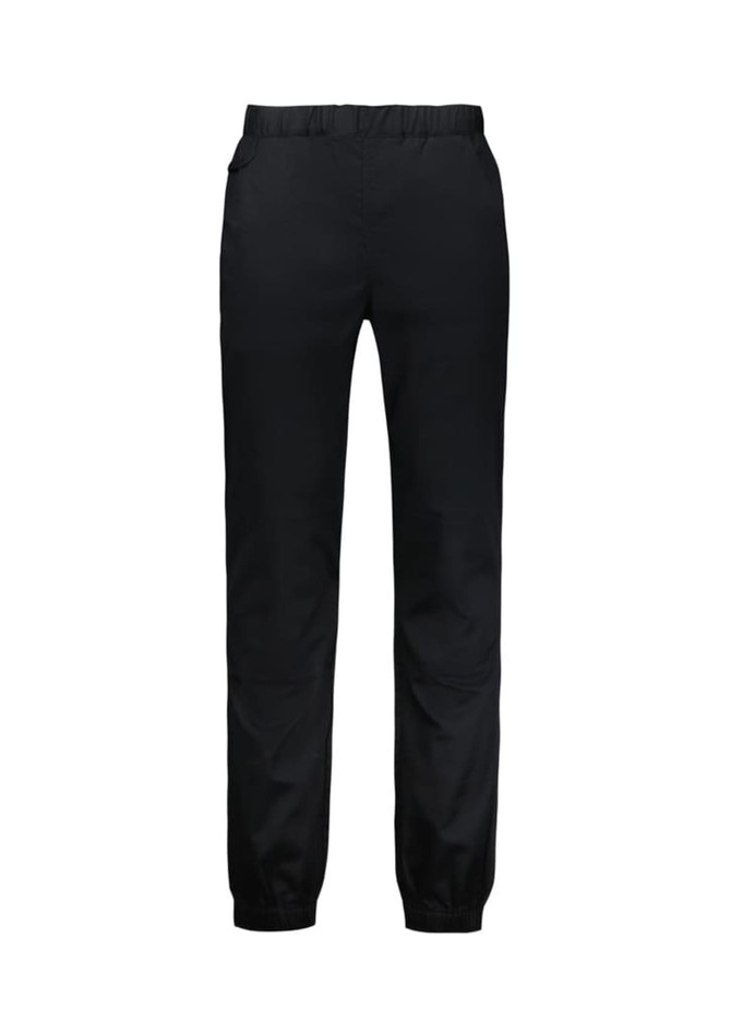 Black jogger pants with an elastic waistband and pockets, designed for chefwear, featuring a logo.