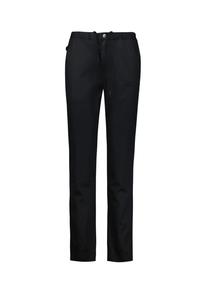 A pair of black chef pants with a relaxed fit and an elastic waistband, featuring pockets and a button closure.