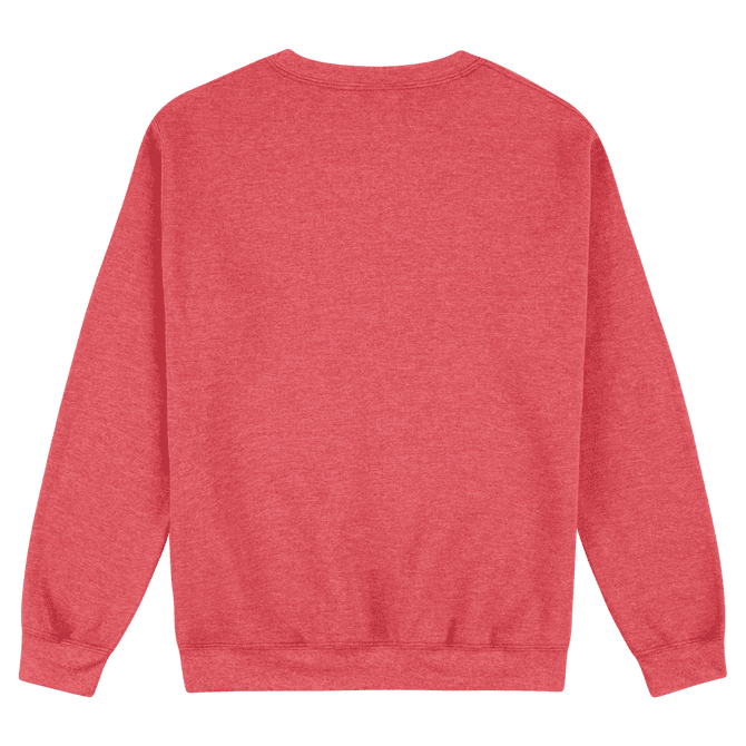 A red Heavy Blend adult crewneck sweatshirt, featuring a basic design and a snug fit. It has a logo on the back.