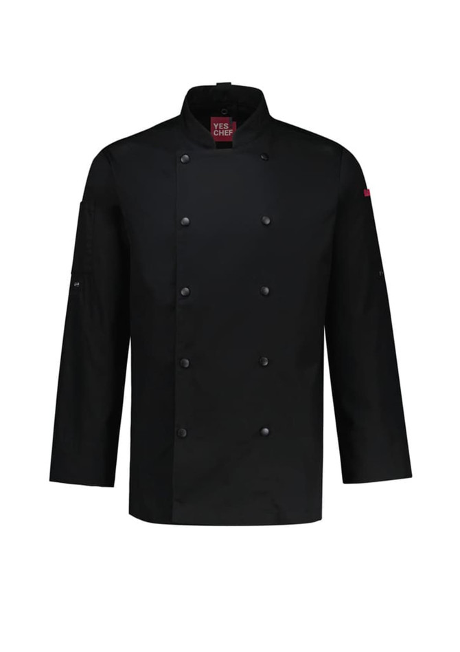 A black long sleeve chef jacket with a button-up front and a logo on the sleeve.