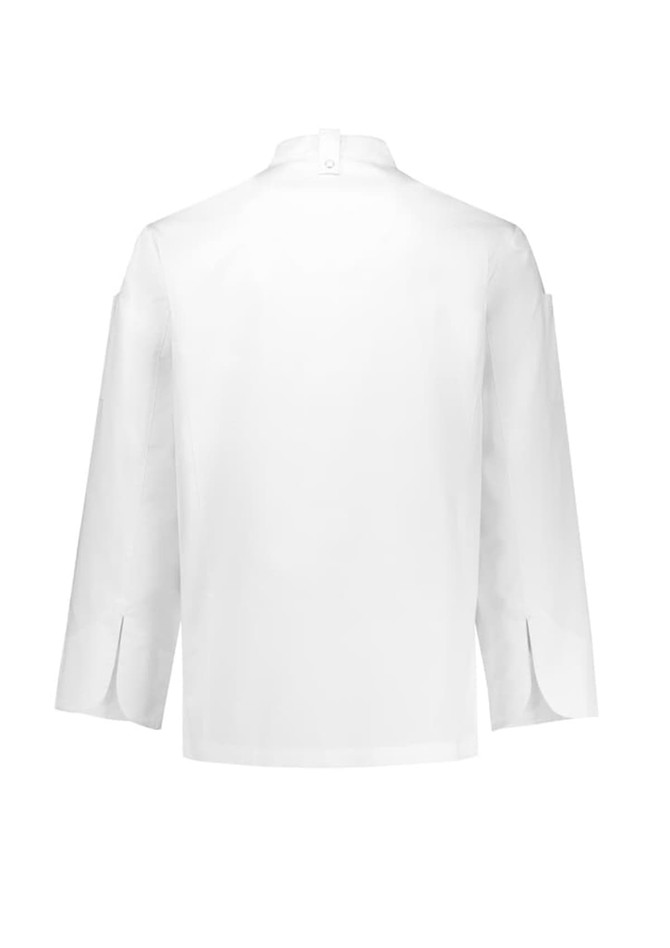 A white long sleeve chef jacket with a high collar and side slits, featuring a logo on the sleeve.