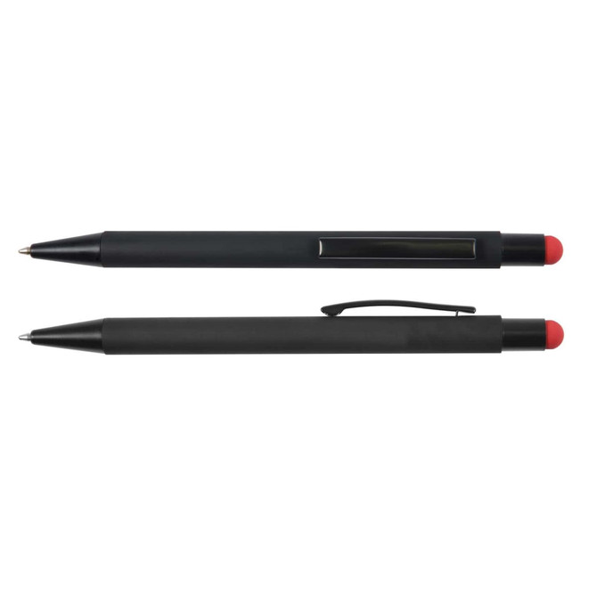 A black pen and stylus combination featuring a red tip and clip, with a logo on the barrel.