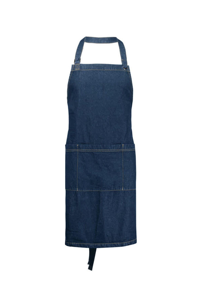 A denim apron with a pocket and adjustable neck strap. It features a logo on the front.