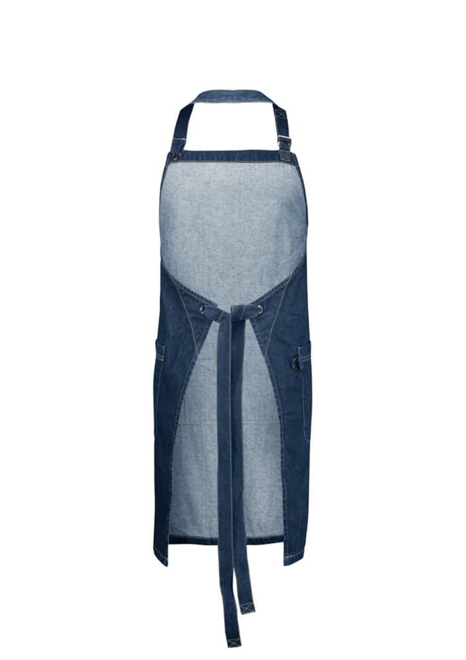 A denim apron featuring a lighter denim front, adjustable straps, and pockets with a tie waist.