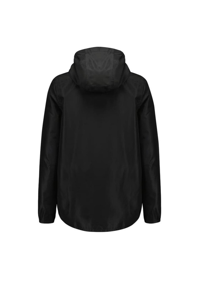 A black women's jacket with a hood and long sleeves, featuring a plain design and a logo on the back.