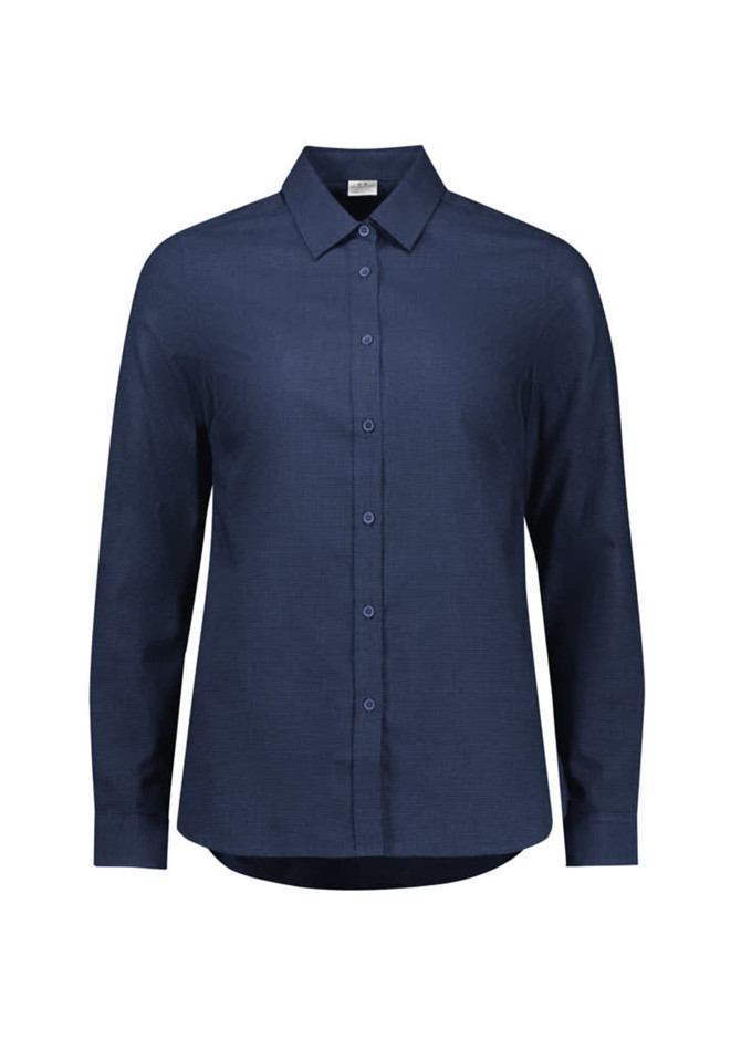 A long sleeve women's button-up shirt in navy blue with a collar and front buttons, featuring a subtle textured pattern.