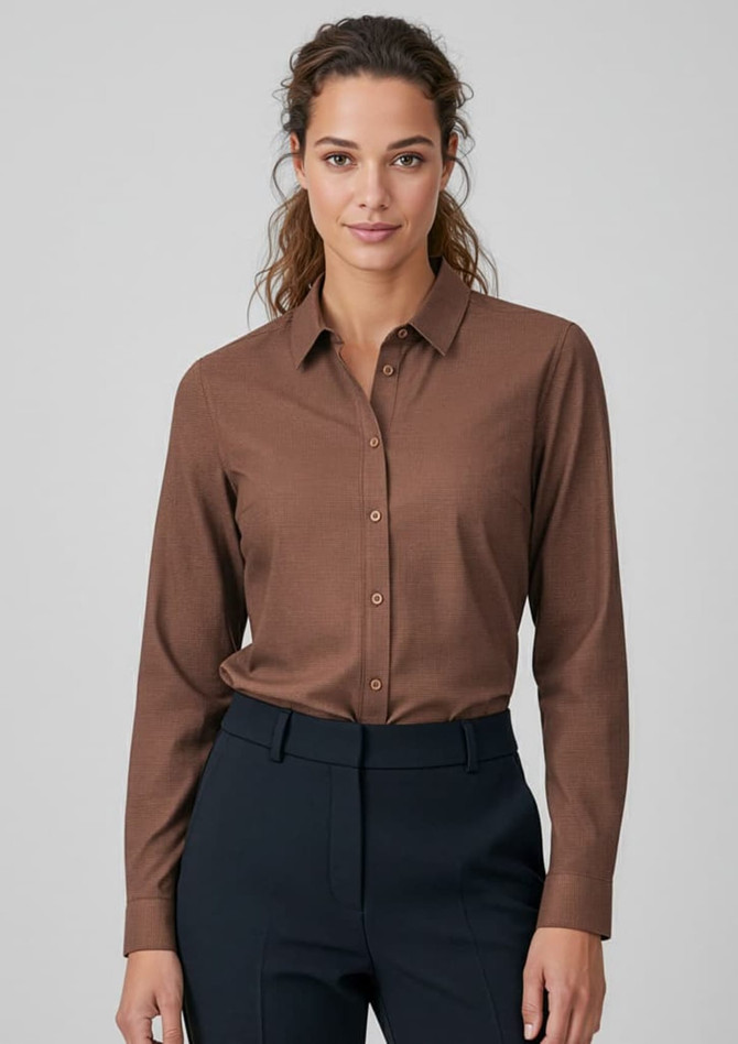 A brown long sleeve button-up shirt for women, featuring a collar and classic button front, styled with tailored pants.