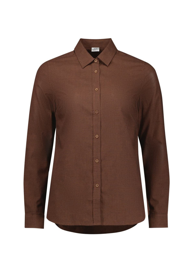 A brown long sleeve button-up shirt with a collar and a logo. Features a classic fit and stylish design.