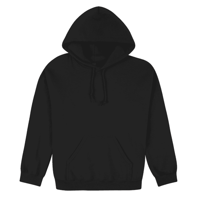 A black heavy blend adult hooded sweatshirt with a front pocket and a drawstring hood.