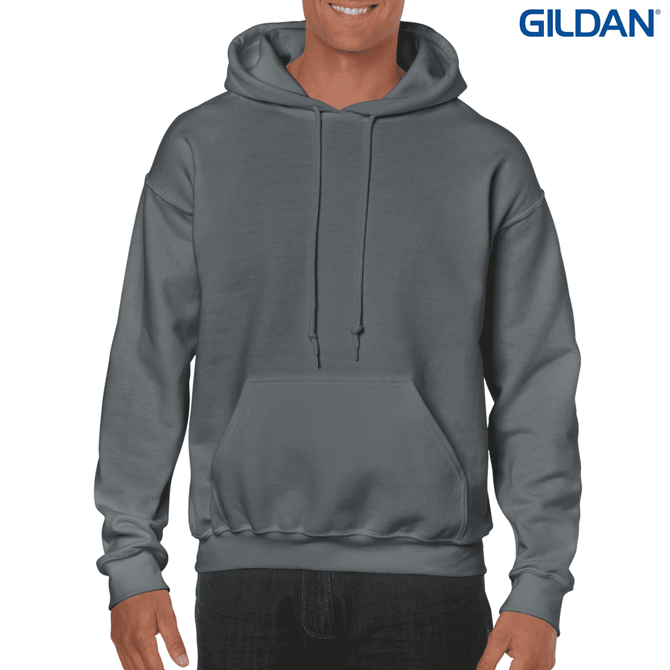 A grey hooded sweatshirt featuring a front pocket and a logo on the top right.