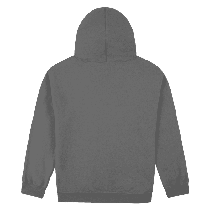 A navy blue heavy blend adult hooded sweatshirt, featuring a back view and a simple design with a hood.