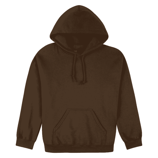 A heavy blend adult hooded sweatshirt in dark brown, featuring a front pocket and drawstring hood.