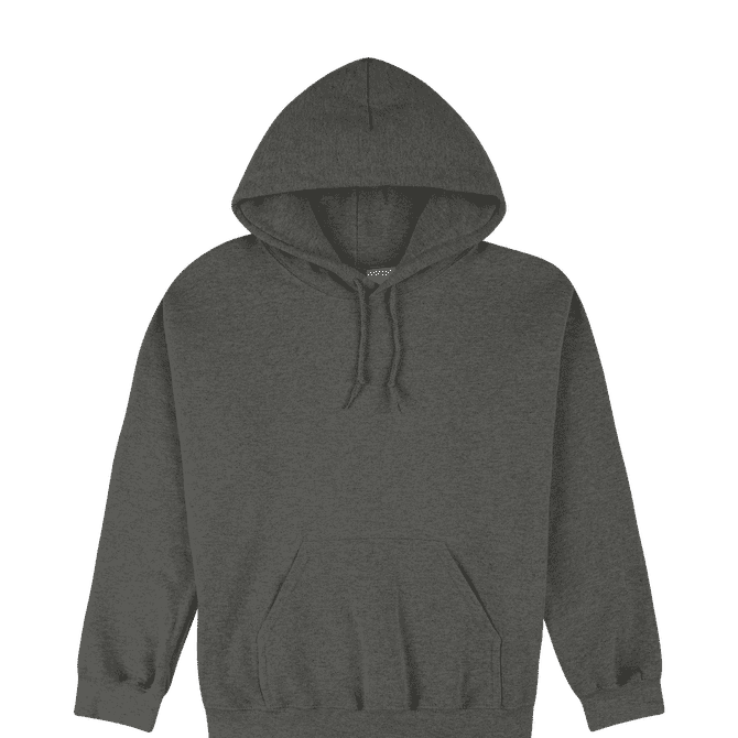 A dark grey hooded sweatshirt featuring a front pocket and a logo. Suitable for casual wear.