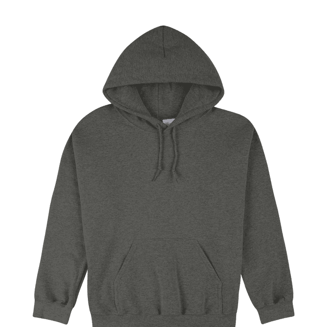 A dark grey hooded sweatshirt featuring a front pocket and a logo. Suitable for casual wear.