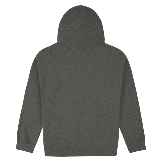 A heavy blend adult hooded sweatshirt in dark melange grey, featuring a hood and long sleeves.