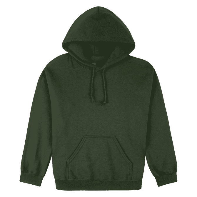 A dark green heavy blend adult hooded sweatshirt with a front pocket and drawstring hood.