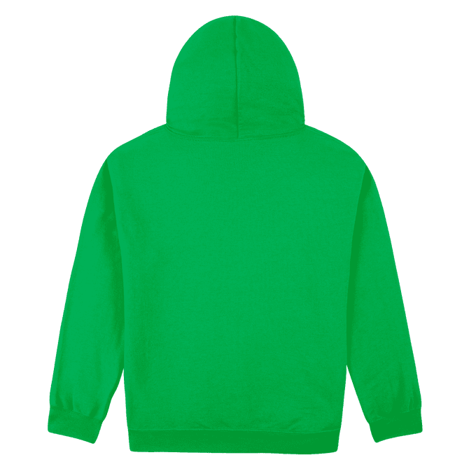 A green hooded sweatshirt, featuring a kangaroo pocket and long sleeves, displayed from the back.