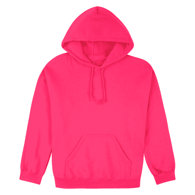 A bright pink hooded sweatshirt featuring a front pocket and a drawstring hood. It has a logo on it.