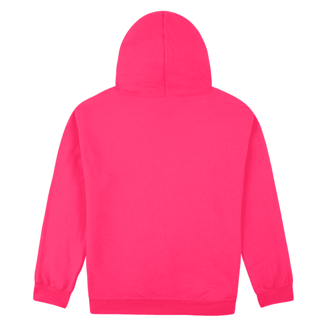 A bright pink hooded sweatshirt featuring a simple design and a hood at the back.