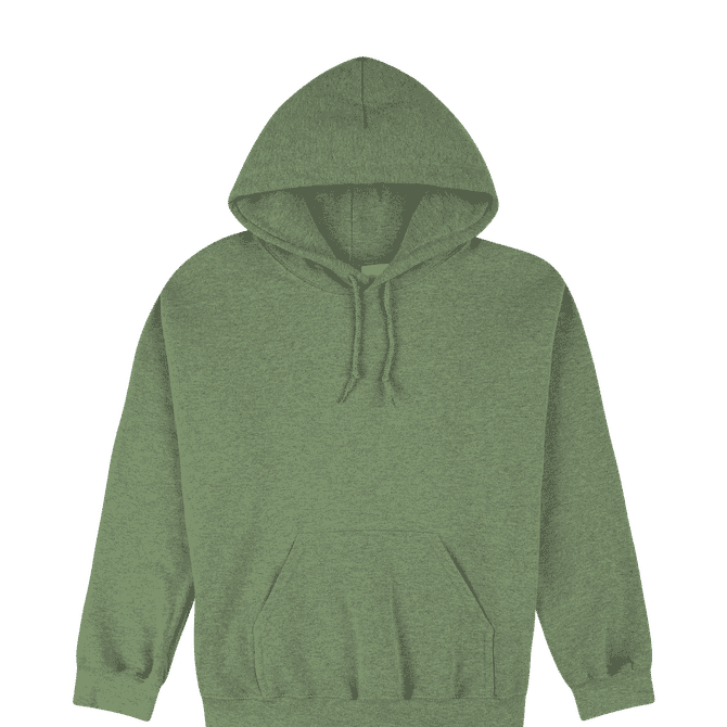 A green heavy blend adult hooded sweatshirt with a front pocket and a drawstring hood.