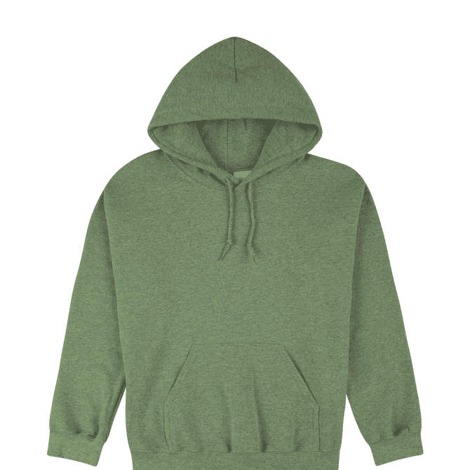 A green heavy blend adult hooded sweatshirt with a front pocket and a drawstring hood.