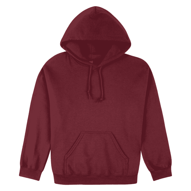 A maroon hooded sweatshirt with a front pocket and drawstring hood. It features a logo on the front.