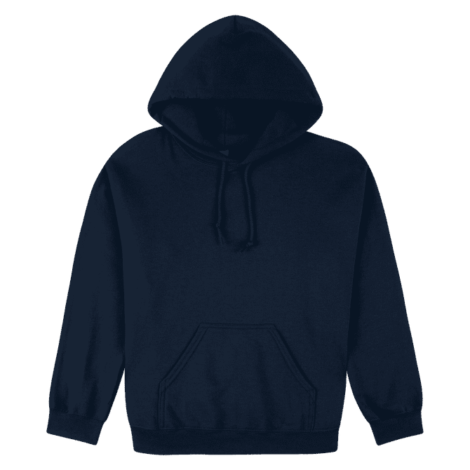 A navy blue heavy blend adult hooded sweatshirt with a front pocket and a drawstring hood.