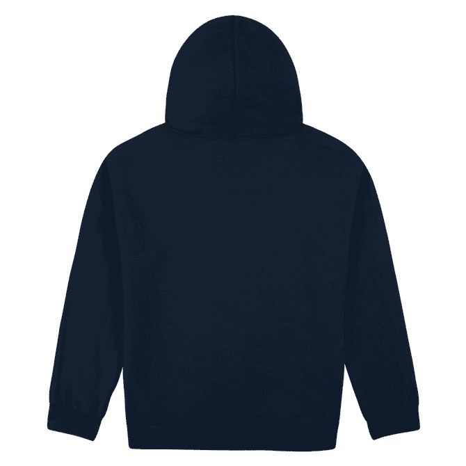 A navy blue heavy blend adult hooded sweatshirt featuring a back view and a plain design.