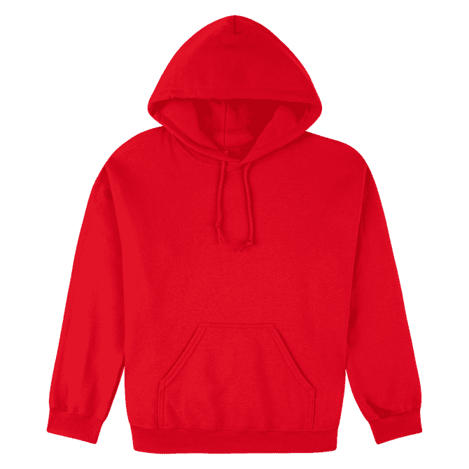 A red heavy blend adult hooded sweatshirt with a front pocket and a drawstring hood. Features a logo.