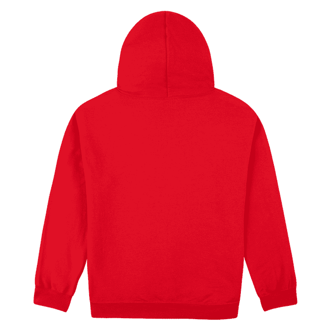 A red heavy blend adult hooded sweatshirt with a plain back. Features a hood and long sleeves.