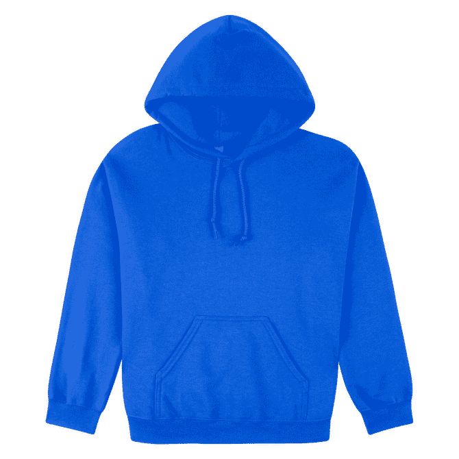 A blue heavy blend adult hooded sweatshirt with a front pocket and a logo.