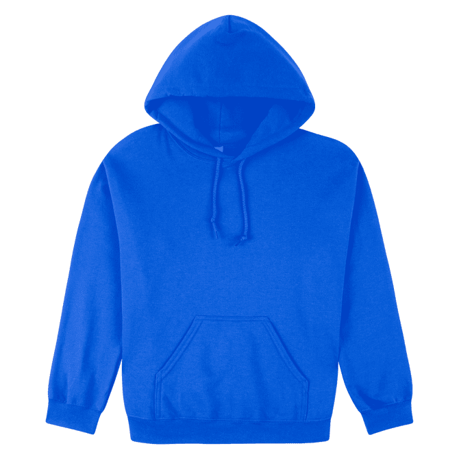 A blue heavy blend adult hooded sweatshirt with a front pocket and a logo.