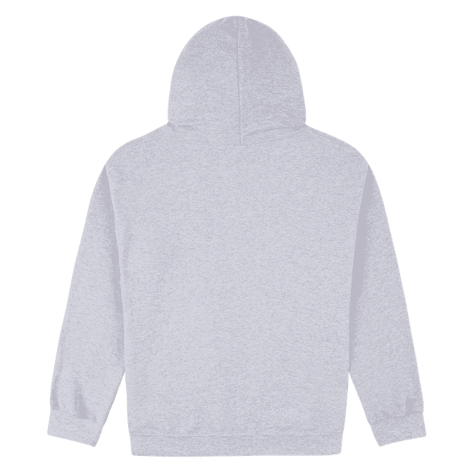 A grey heavy blend adult hooded sweatshirt, featuring a hood and long sleeves on a plain background.