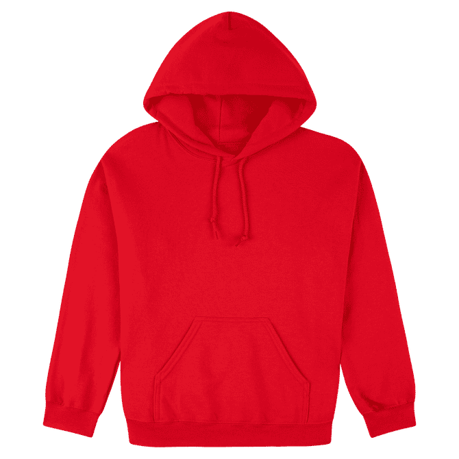A bright red hooded sweatshirt featuring a front pocket and a drawstring hood. It has a logo present.