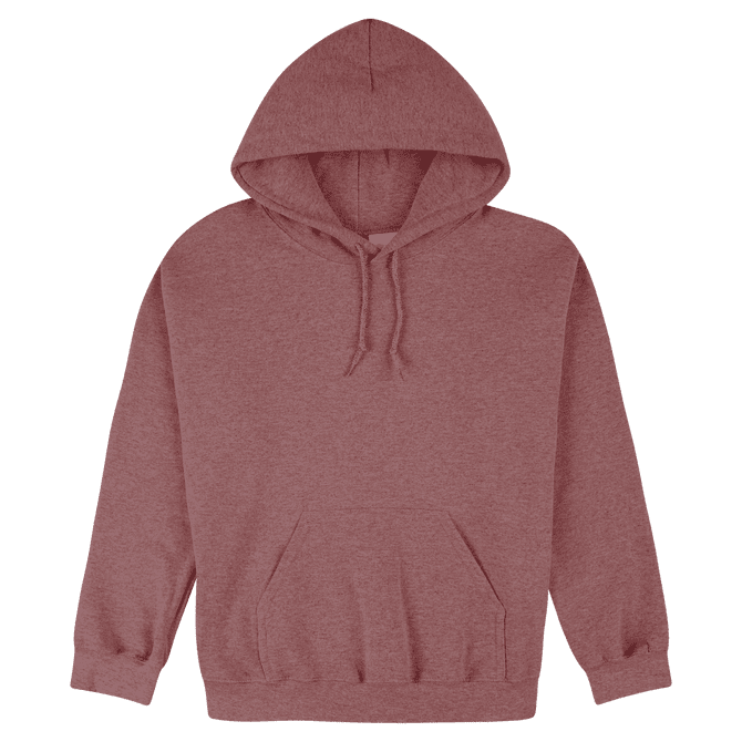 A heavy blend adult hooded sweatshirt in a maroon colour with a front pouch pocket and drawstring hood.